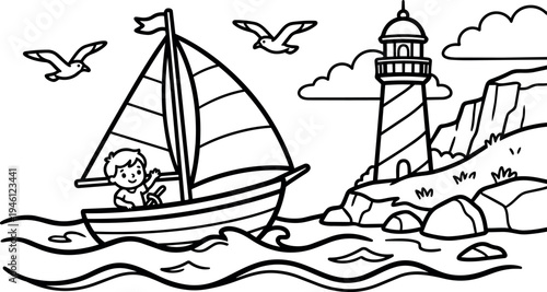 Black and white line art boy sailing small sailboat near rocky coast with lighthouse and flying seagulls over waves