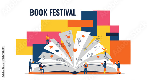 Vector illustration of book festival with colorful geometric shapes and people