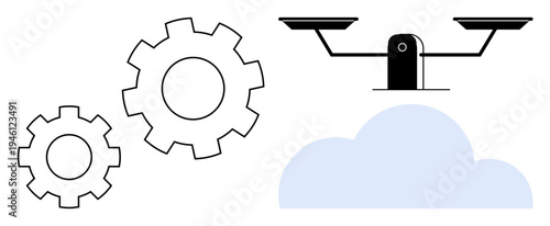 Technology innovation, cloud computing, justice balance, data integration, engineering systems, automation. Two gears, scales and a cloud element. Technology innovation and cloud computing concept