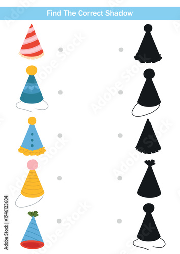 Educational find the correct shadow activity with colourful party hats and matching black silhouettes. Fun spring worksheet for kids, preschool learning and printable materials.