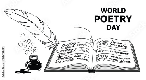 Vector illustration for World Poetry Day with quill pen and book