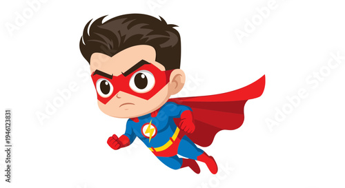 Superhero boy vector illustration, cartoon style graphic for kids, flying hero
