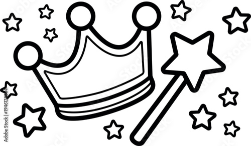 Black outline crown and magic wand with surrounding stars vector art simple fantasy illustration for children design