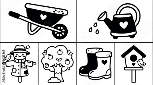 Cute black and white garden tool vector icons including wheelbarrow watering can scarecrow apple tree rubber boots and birdhouse with heart shapes