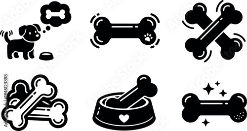 Black silhouette dog bone icons with wagging tail happy puppy thinking about bone bowl heart sparkle effect simple design