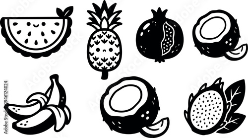 Black and white flat design vector icons of watermelon pineapple pomegranate coconut peeled banana dragon fruit fruits set collection