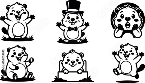 Cartoon style happy and surprised playful beaver characters with top hat bow tie waving sitting and jumping in vector art set