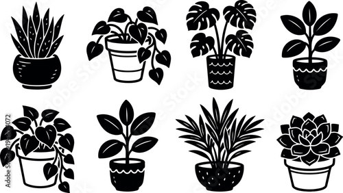 Black silhouette vector art set of eight different houseplants in pots with varied leaf shapes and styles isolated on white background