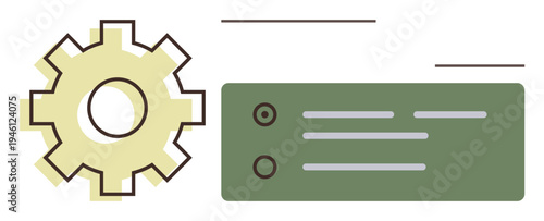 Technology settings, system configuration, software management, operational tools, user interface, IT solutions. Yellow gear next to a green panel with lines and circles. System configuration