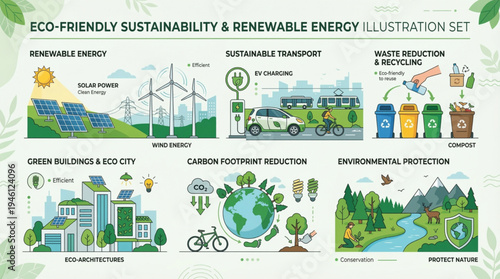 Eco-friendly sustainability and renewable energy illustration set showcasing solar power, wind energy, sustainable transport, waste reduction, green buildings, carbon footprint reduction, and environm