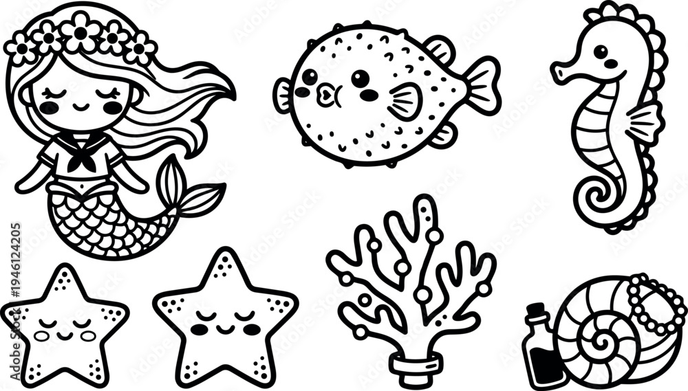 Fototapeta premium Cute kawaii mermaid with flower crown and waving hair starfish sea creatures coral shell bottle cartoon vector art