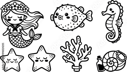 Cute kawaii mermaid with flower crown and waving hair starfish sea creatures coral shell bottle cartoon vector art