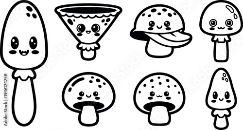 Cute kawaii style vector set of smiling mushrooms with various adorable faces in simple black line art design