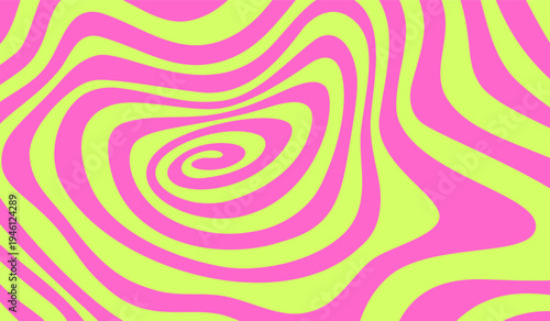 Swirl Spiral Psychedelic Pattern. Abstract Groovy Vector Neon Background. Fun Twirl Spiral Shape Bg. Pink and Yellow Acid Color Illustration.