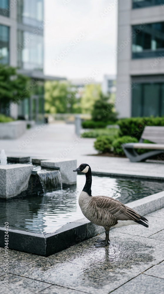 Fototapeta premium Canada goose stands near water feature