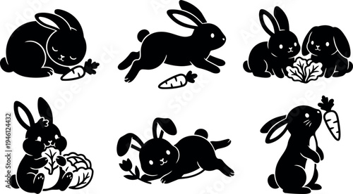 Cute black silhouette rabbits eating and playing with carrots cabbage and leaves in various playful poses vector art