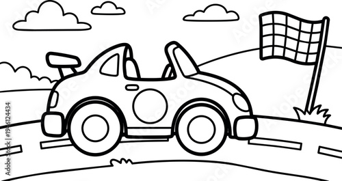 Black and white outline racing car vector with spoiler flag checkered clouds background road landscape simple design