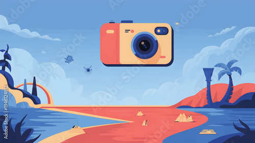 Stylized image of a vintage camera floating above a surreal beach landscape