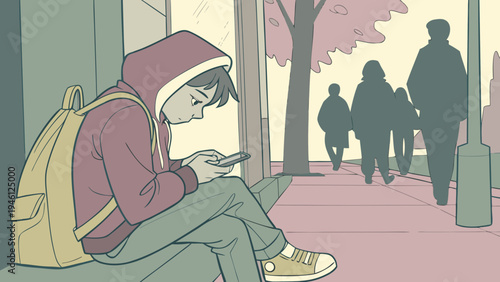 A cartoon boy sits on a busy street bench, surrounded by blurry people passing by, completely engrossed in his cell phone.