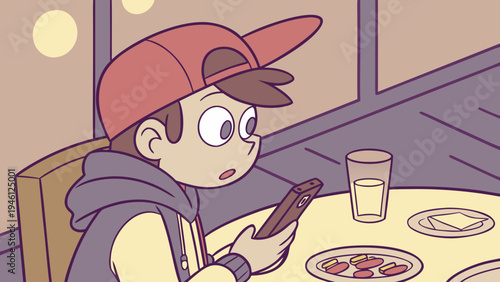Cartoon boy sitting at the dinner table, holding a smartphone.