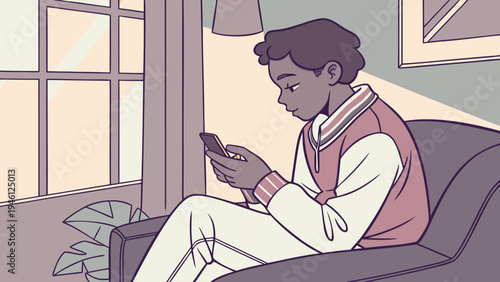 A cartoon boy sits on a modern sofa in the living room, staring intently at his cell phone screen.