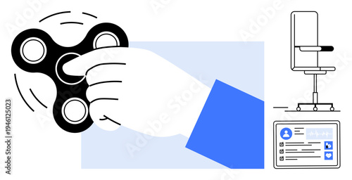 Stress relief, workplace relaxation, productivity tools, focus management, office environment, identity verification. Hand spinning a fidget spinner, office chair and digital ID card. Stress relief