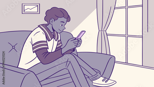 A cartoon boy sits on a modern sofa in the living room, staring intently at his cell phone screen.