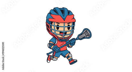 Lacrosse player cartoon vector illustration, running, sport action, athlete, fun, game, graphic design