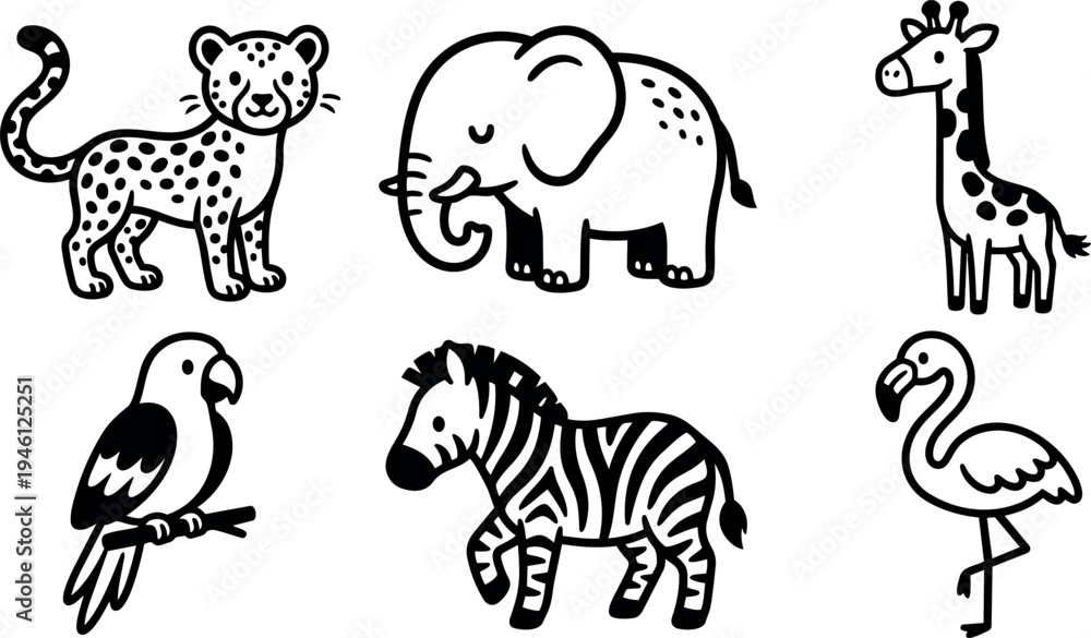 Naklejka premium Cute cartoon animals including smiling cheetah walking elephant standing giraffe perched parrot running zebra and flamingo in simple black and white line art