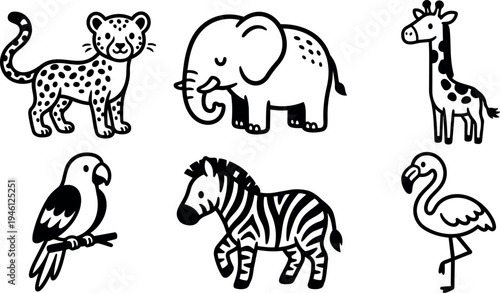 Cute cartoon animals including smiling cheetah walking elephant standing giraffe perched parrot running zebra and flamingo in simple black and white line art