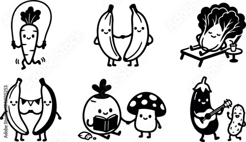 Cute black and white vector art of happy fruits and vegetables with faces skipping reading relaxing and playing guitar in fun kawaii style
