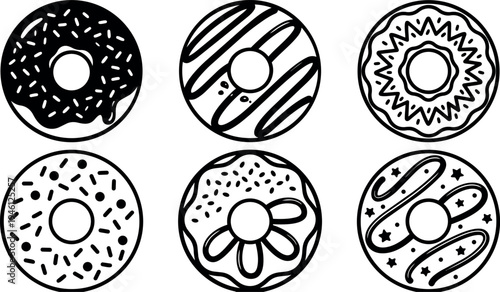 Black and white vector art six assorted donut shapes with various patterns and decorative toppings line style minimal icons