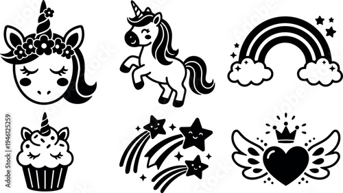 Cute black and white vector art set with unicorn face cupcake rainbow stars and winged heart icons in flat design style