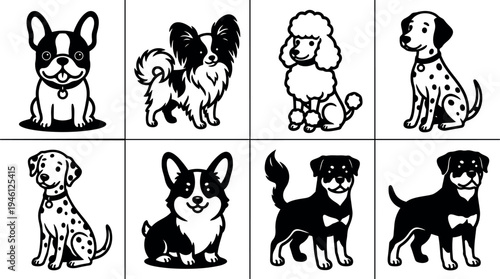 Black and white vector cartoon collection of eight different dog breeds including french bulldog poodle and rottweiler sitting and standing frontal view