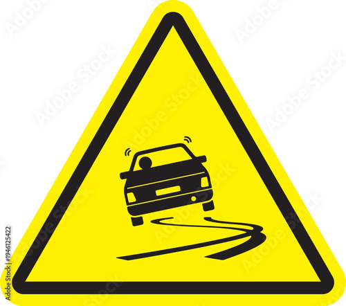 Warning sign for slippery road and car skidding