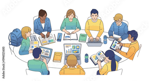 A diverse group of business professionals collaborating around a table with laptops and documents in a modern office setting with a productive atmosphere