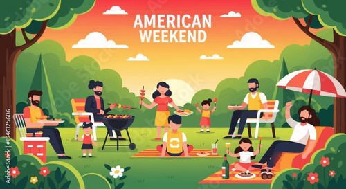 A family enjoys a summer picnic in a lush green yard with trees and flowers, featuring a barbecue, under a vibrant orange and yellow sky with white clouds