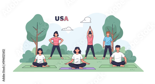 Illustration of people practicing yoga in a park with trees and grass on a sunny day in America