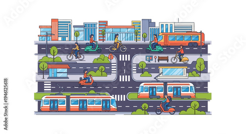 Illustration of a busy city street with various modes of transportation, including buses, cars, bicycles, and people walking, surrounded by trees and buildings in a vibrant, summer
