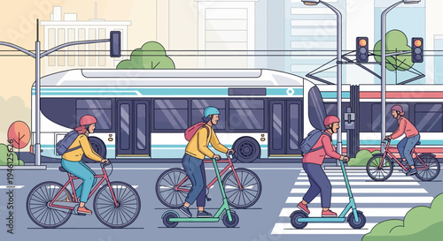 Illustration of people riding bicycles and scooters on a city street in America with a bus and buildings in the background, conveying a sense of urban transportation and daily commute
