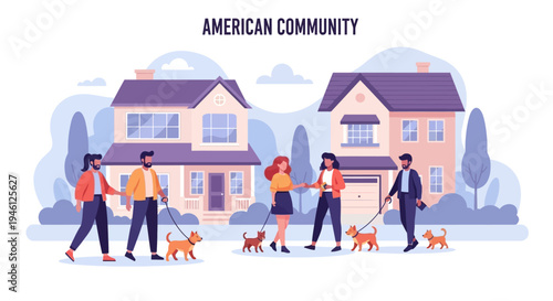 Illustration of a diverse American community walking their dogs in front of houses on a suburban street in summer