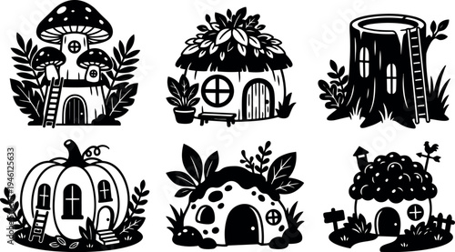 Black and white whimsical vector art set of fairy tale houses made of mushroom pumpkin stump stone and bush with windows doors ladders and plants