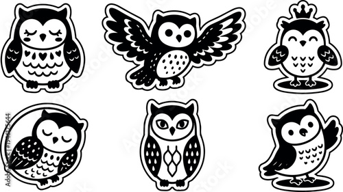 Black and white vector art set of six cute owls various poses wings spread sleeping and wearing crown cartoon style icons