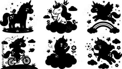 Cute silhouette unicorns with wings horn magic crown cycling on bicycle clouds rainbow and flowers in vector art