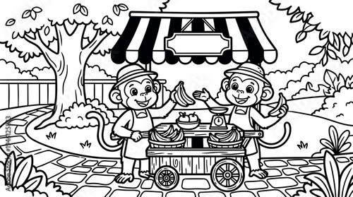 Black and white line art happy monkeys selling bananas at wooden street cart outdoor park setting detailed playful scene