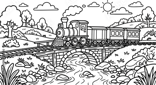 Black and white vector art of old steam train crossing stone bridge over river with trees hills bushes and sun in sky