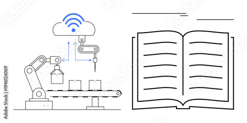 Robotic arm operating on a conveyor belt, cloud data connection symbol, and open book. Ideal for technology, automation, education, cloud computing, manufacturing industry 4.0 knowledge sharing