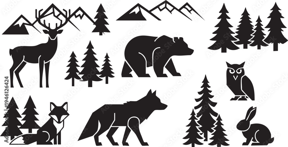 Fototapeta premium Black silhouettes of forest animals and trees on white background