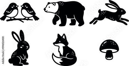 Simple black and white vector art of birds on branch sitting bear walking running rabbit fox curled tight mushroom