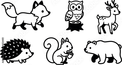 Cute black and white cartoon style forest animals including fox deer owl hedgehog squirrel and bear vector art illustration